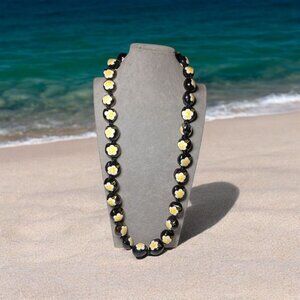 Hawaii Wedding Luau Kukui Nut Lei Necklace BLACK Yellow Hibiscus